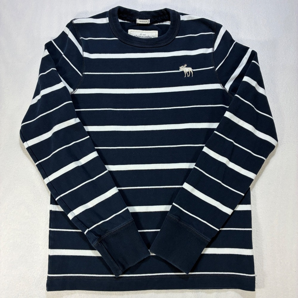 Abercrombie & Fitch Muscle Fit Striped Long Sleeve Tee Mens Medium Navy White